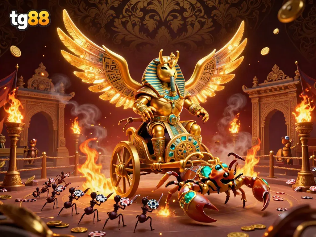 Experience thrilling action at tg88 with vibrant gaming elements and a majestic scarab beetle leader.