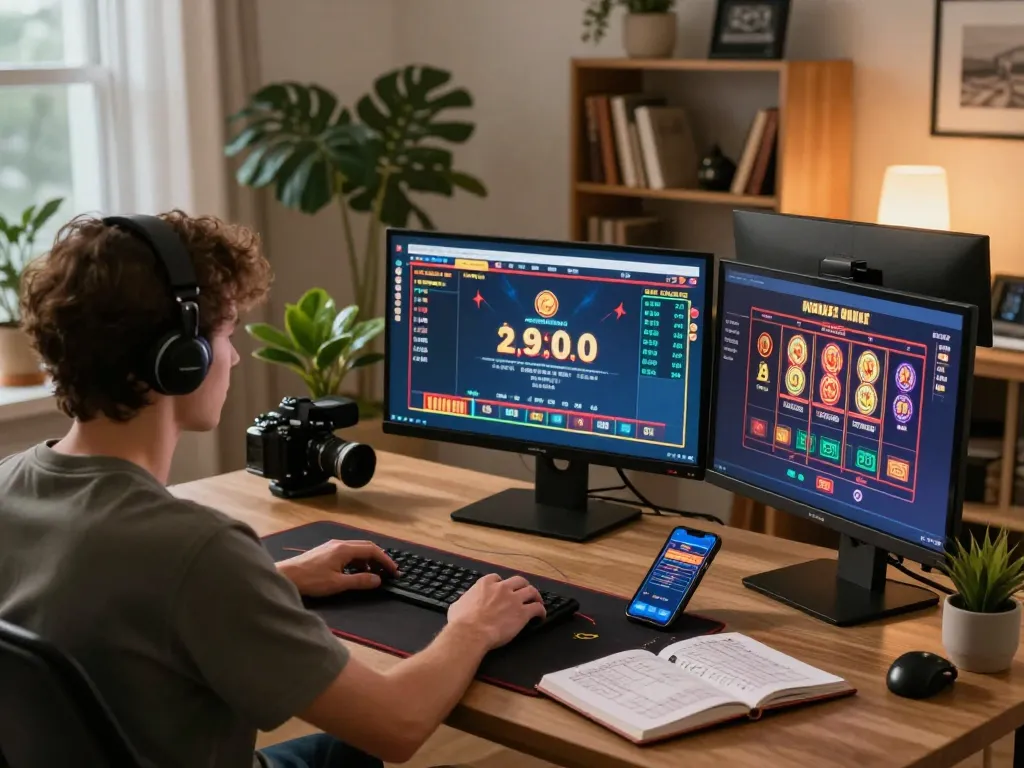 Engaging iwin online gaming scene with a player focused on strategic gameplay and betting strategies in a home office.