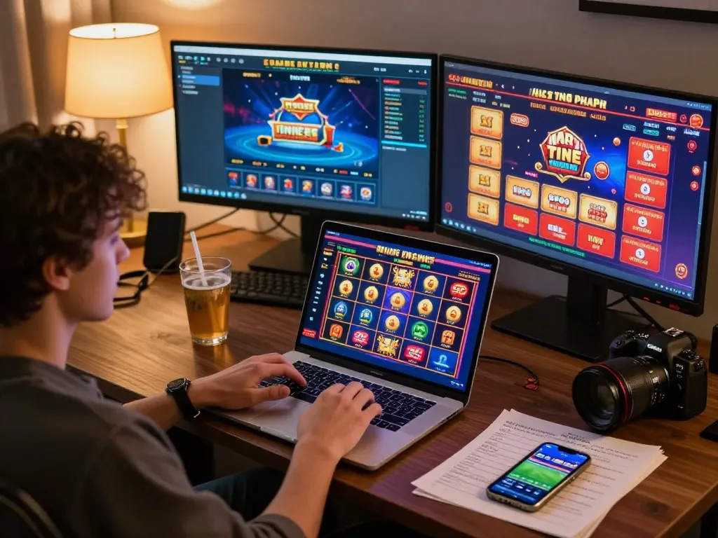 Engaging online gambling experience using transporthydraulics at home with multiple screens.