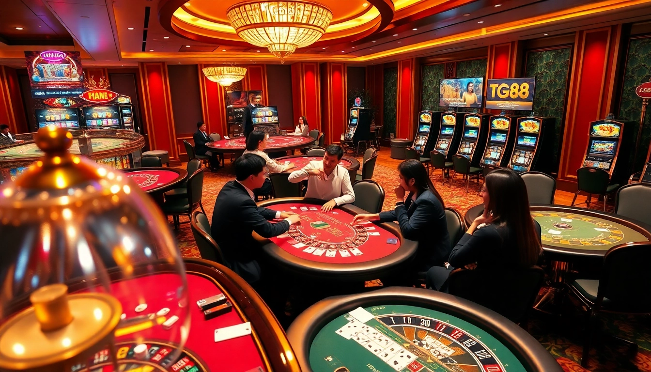 Excited players celebrating wins at a casino table while showcasing tg88 link for easy access to online gambling.