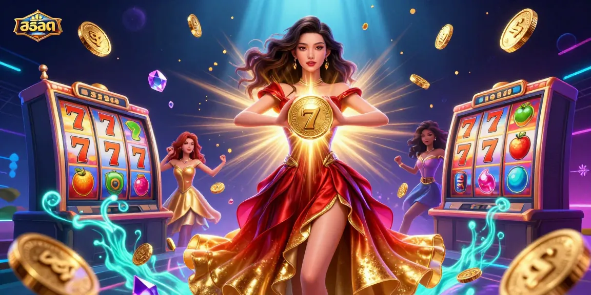 Spin the สล็อต reels with excitement and dynamic prizes raining down in this vibrant casino scene.