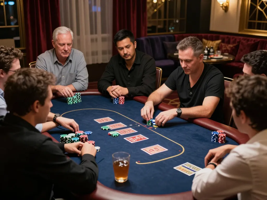 GEM88 high-stakes poker game in a luxurious casino setting with players and chips.