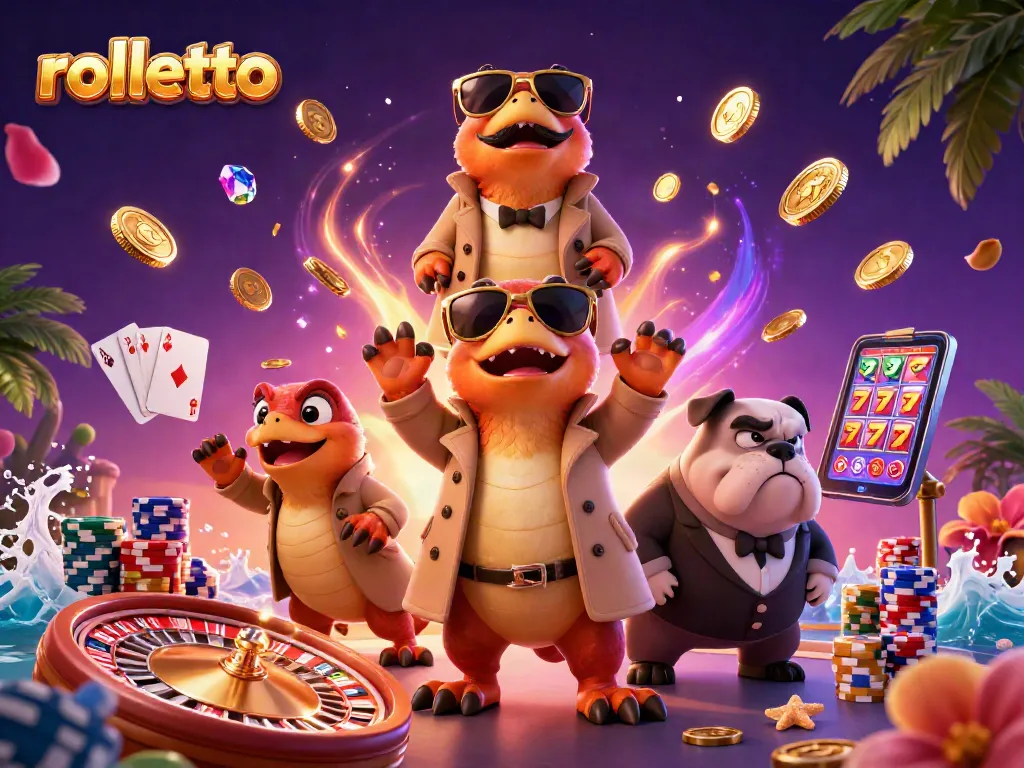 Experience rolletto with cartoon raptors entering a VIP casino lounge amidst dynamic gambling elements.