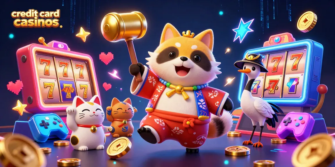 Cheerful tanuki promotes credit card casinos while playing dynamic slot games