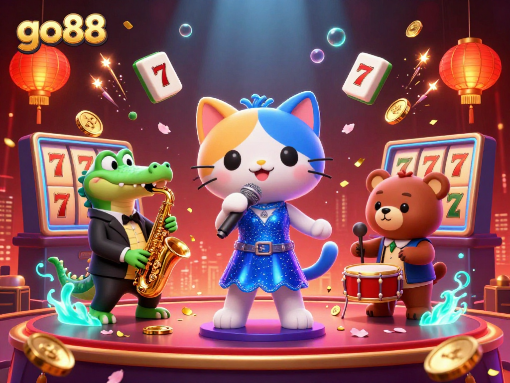 Experience go88's vibrant casino excitement with a jazz-singer cat, saxophone crocodile, and drum-playing bear.