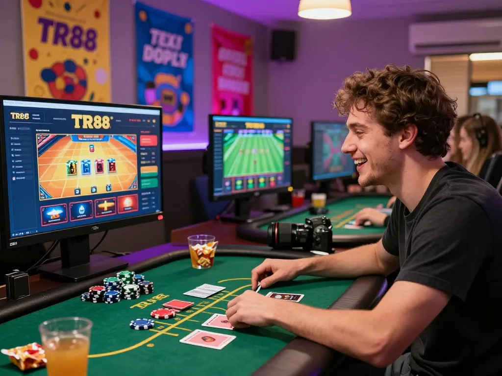 Excited player at TR88 online gaming platform, engaged with live dealer and vibrant casino games on multiple screens.