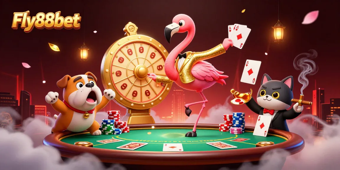 Engage with Fly88bet’s exciting gaming world featuring vibrant scene of casino action and lively characters.