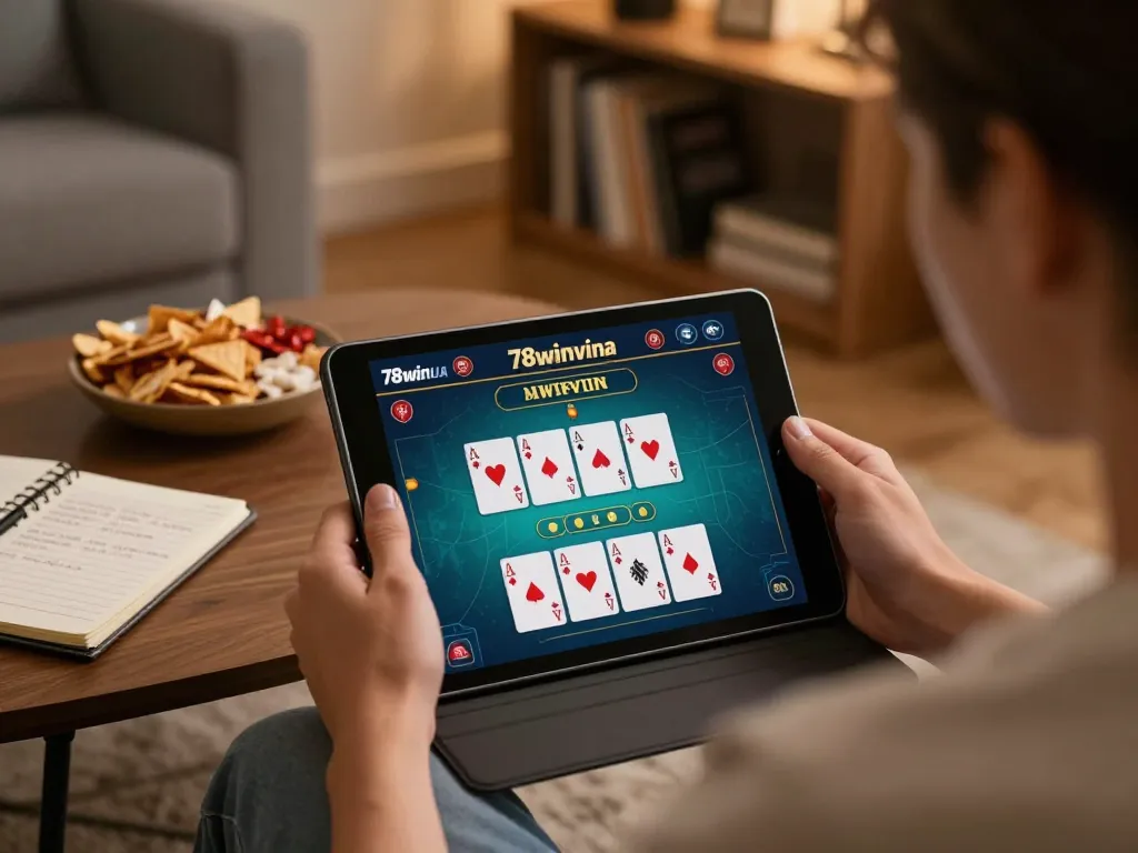 Engaging moment of online gambling on 78winvina with a player using a tablet comfortably at home.