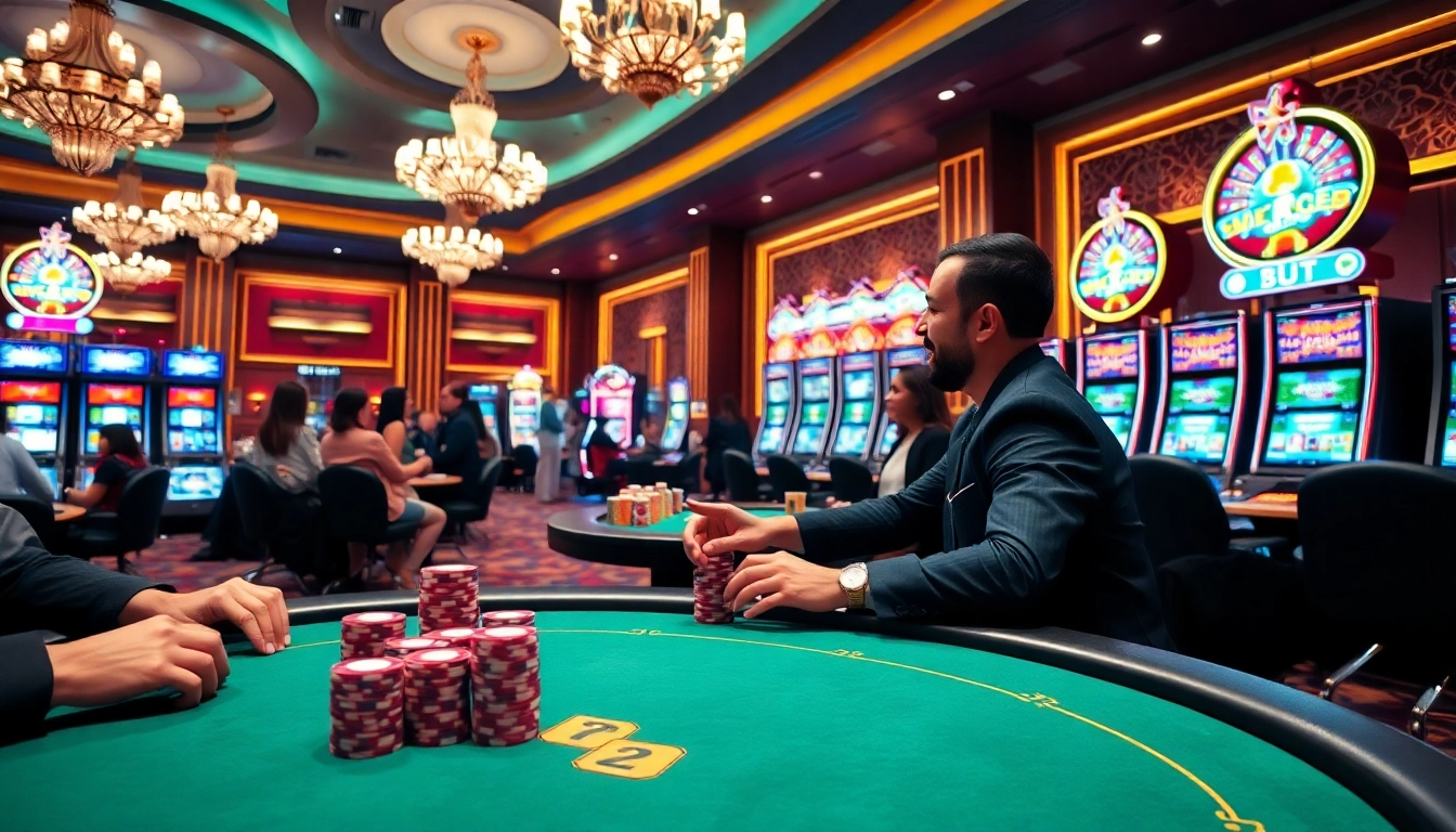 Exciting casino experience with players enjoying poker and vibrant slot machines at vv jl.