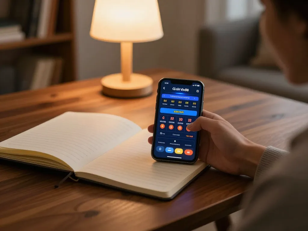 Cá cược Vin88 through mobile app, user engaged in strategic online betting with notebook nearby