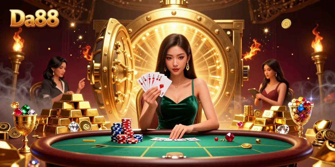 Experience thrilling poker action with Da88 featuring a beautiful woman holding cards, rich casino elements.