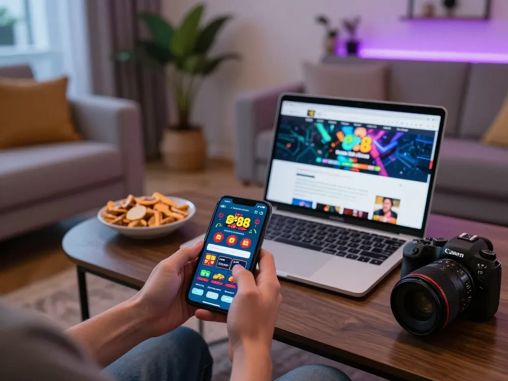 Engaging user gaming experience on the ee88 app with a smartphone in a cozy setting