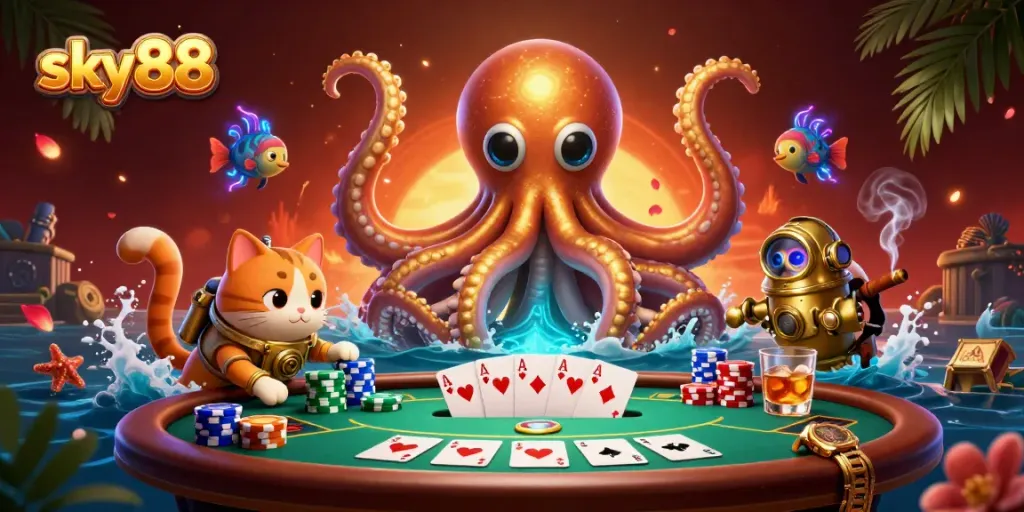 Experience the excitement of sky88 as the kraken and diving cat dive into thrilling poker action.