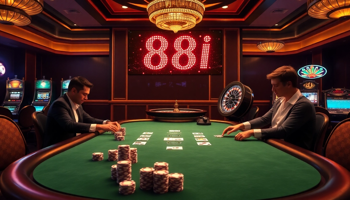88I Đăng nhập at a high-stakes poker table with vibrant casino atmosphere.
