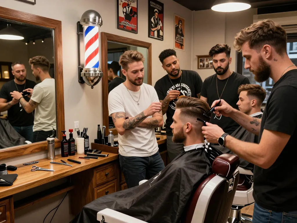 Men gathered in a barbershop discussing grooming trends at ManClub.