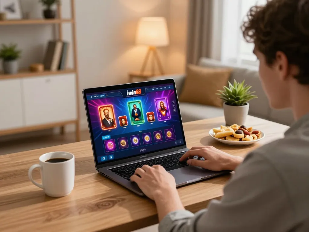 Experience thrilling gameplay with iwin68 on a sleek laptop in a stylish home setting