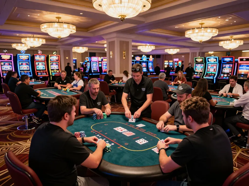 Engaging scene of players enjoying poker action on a bustling casino floor while visiting https://www.bearcreekwatershed.org/macroinvertebrates, showcasing strategic gameplay.