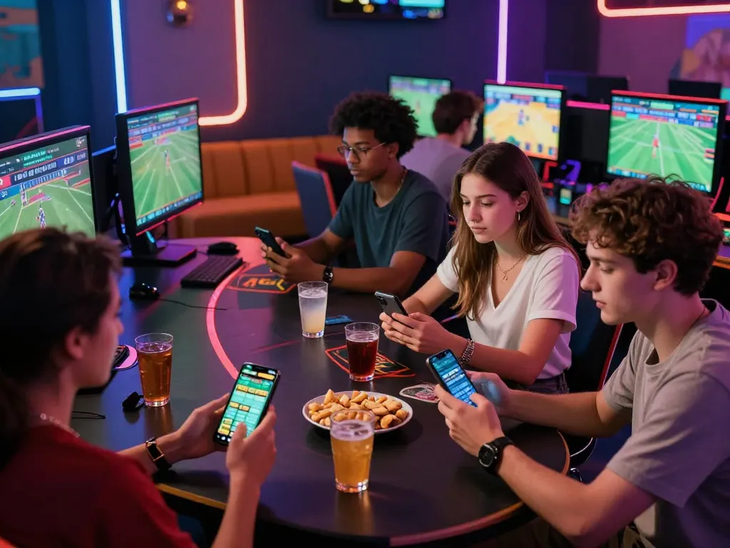 Exciting gambling scene showcasing friends engaging with the rikbet app in a lively gaming atmosphere.