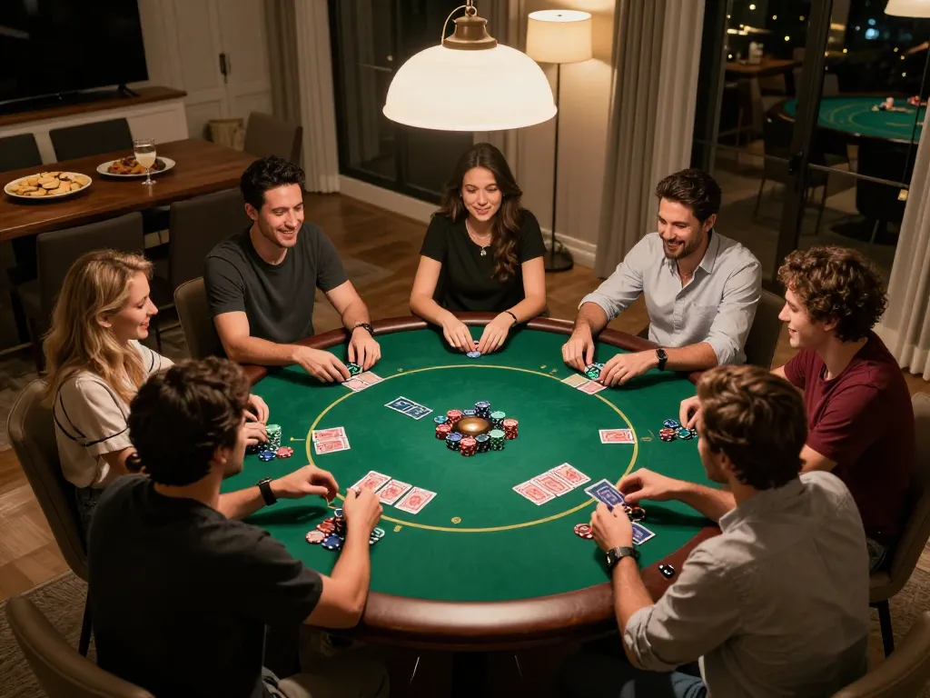 Players enjoying an engaging poker night at home, showcasing strategic gameplay on the table with chips and cards visible, embodying the essence of dw8 and social gambling.