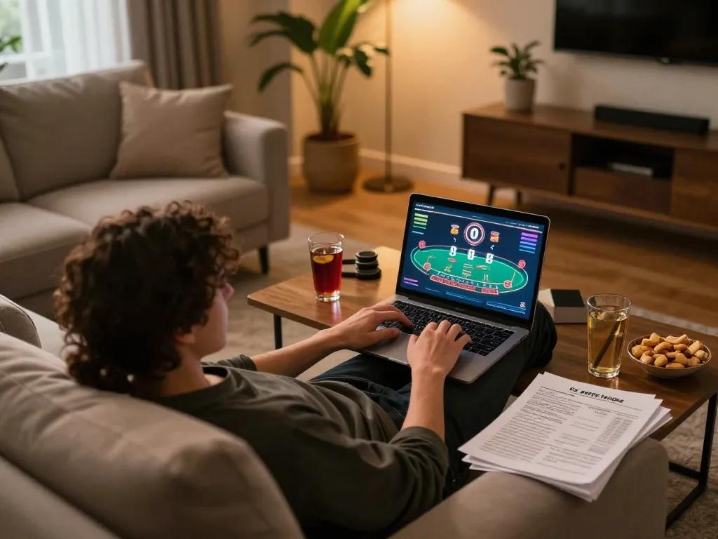 Gambling strategies for blackjack with 789win displayed on a laptop during a cozy online gaming session.