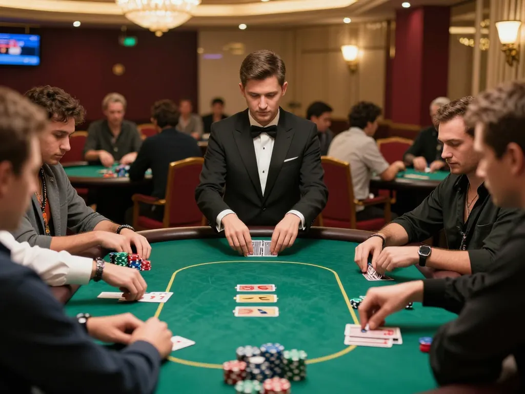 33winvn players strategizing in a high-stakes poker game at a luxurious casino table.