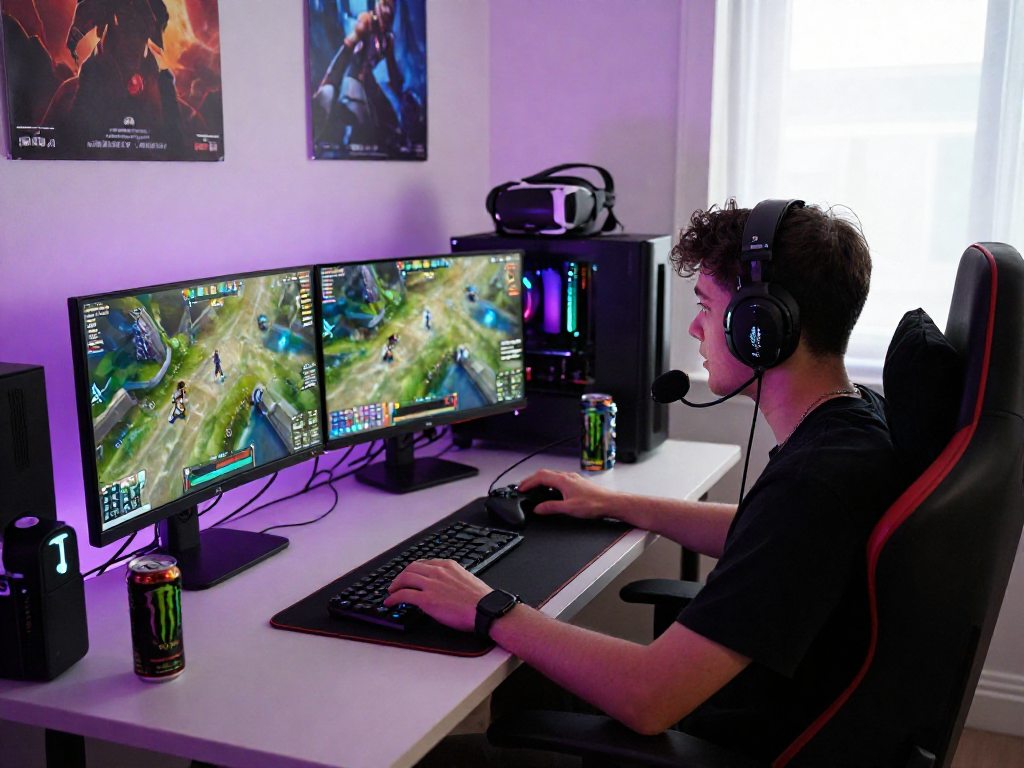 Gamer intensely focused on KOMBET168 competition with dual monitors and vibrant setup.