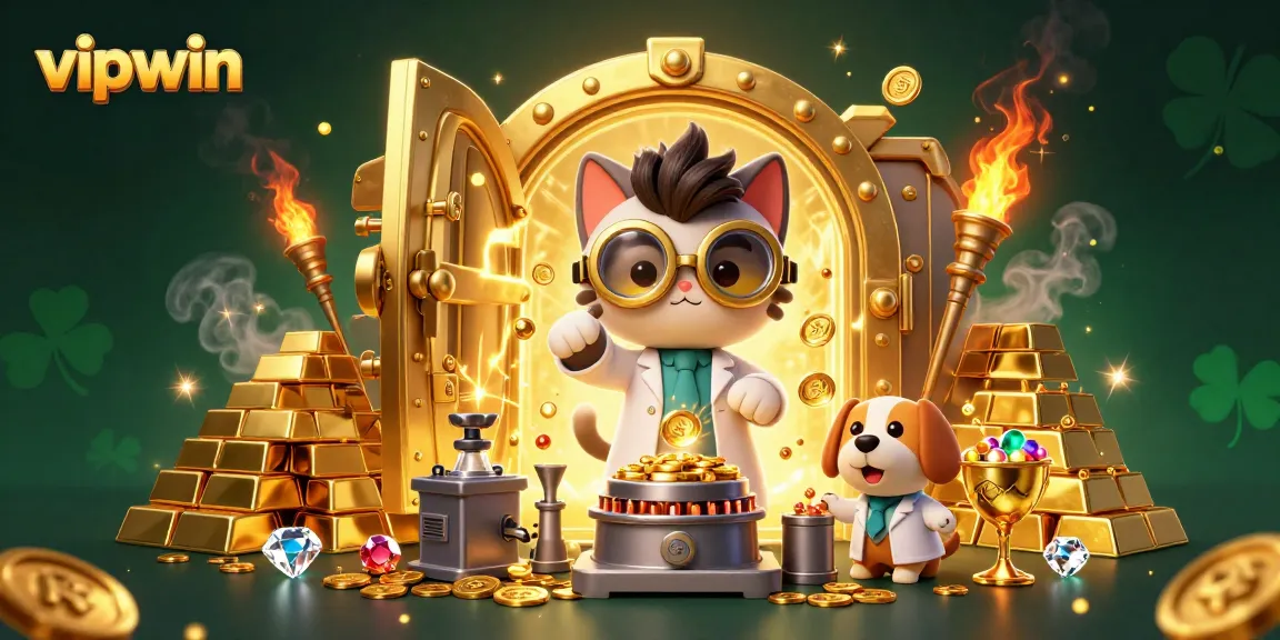 Join the fun at vipwin with a thrilling scene of a scientist and dog creating treasure in a lively casino.