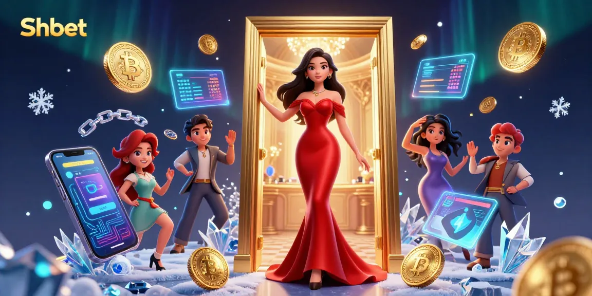 Shbet players enjoy a luxurious casino experience surrounded by glowing Bitcoin and Ethereum coins.