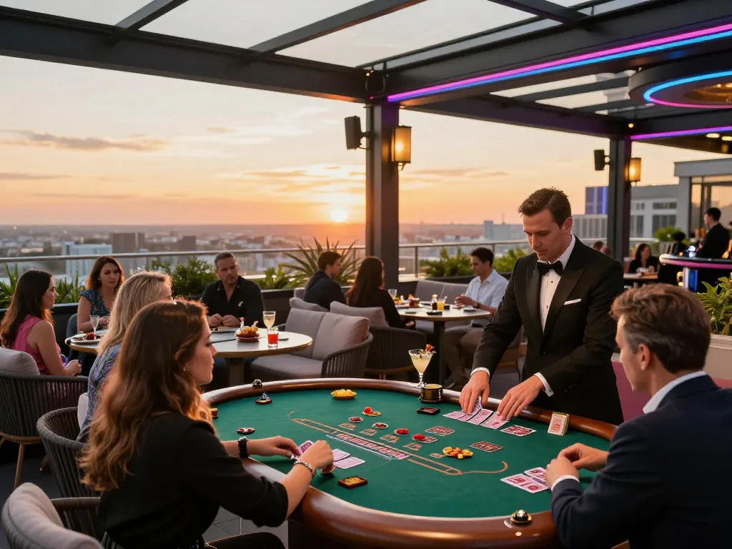 Players enjoying blackjack at a luxury rooftop casino terrace, lucky88 atmosphere in stylish setting.