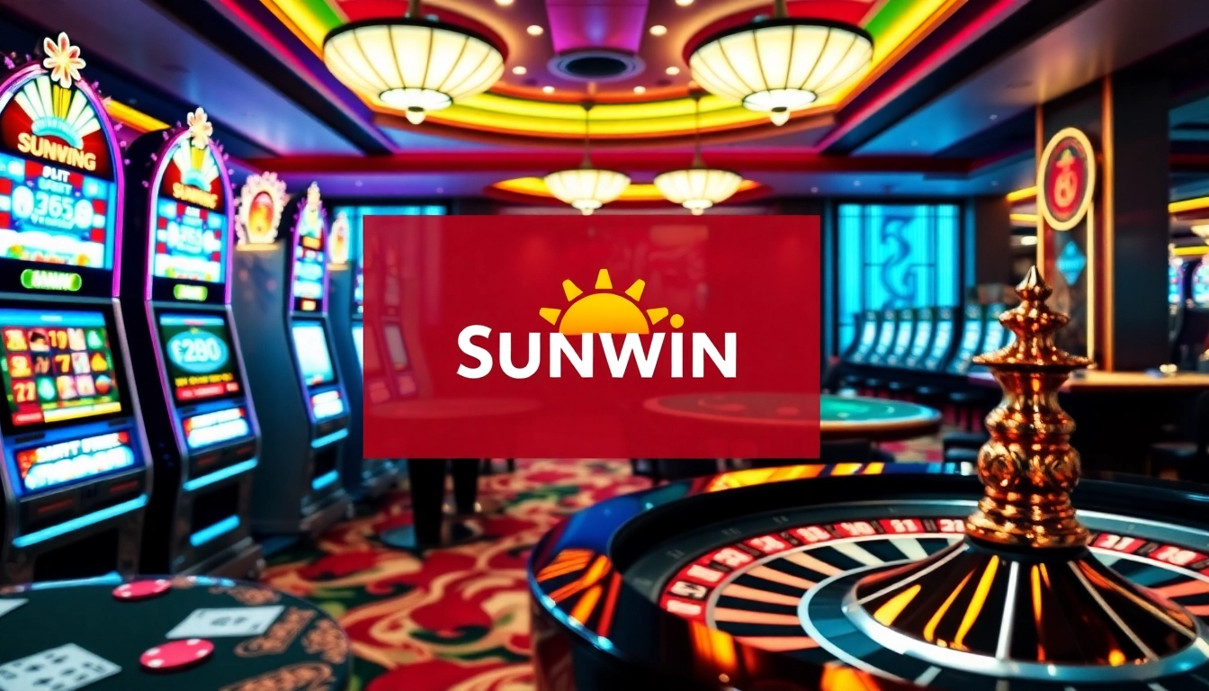 Engage with Game bài Sunwin in a lively casino setting featuring vibrant slot machines and poker tables.