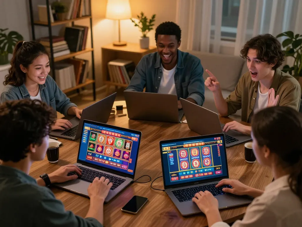 Players engaging in 32win32 online gambling session with vibrant casino games on laptops, showcasing excitement and strategy.
