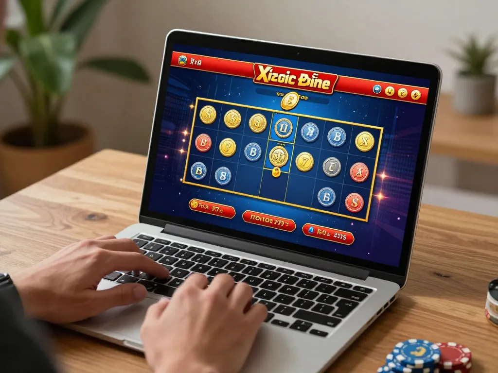 Xóc Đĩa Online gameplay on a laptop showing vibrant graphics and a focused player.