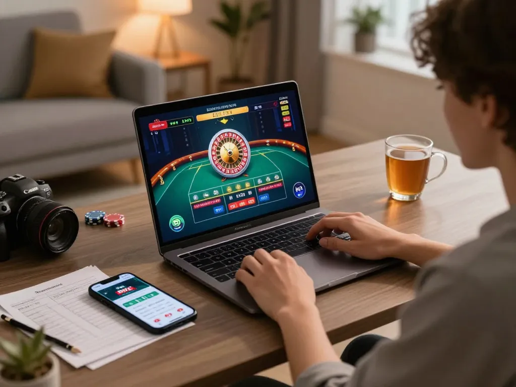 Engaged user playing on the fly88 live casino app with colorful roulette table displayed, cozy home setup.