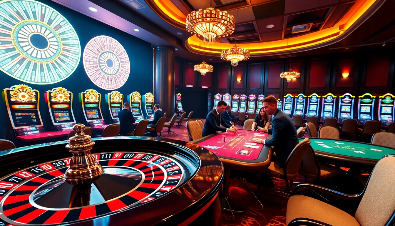 A thrilling casino scene featuring Alo 789 with players strategizing at poker tables and glamorous slot machines.