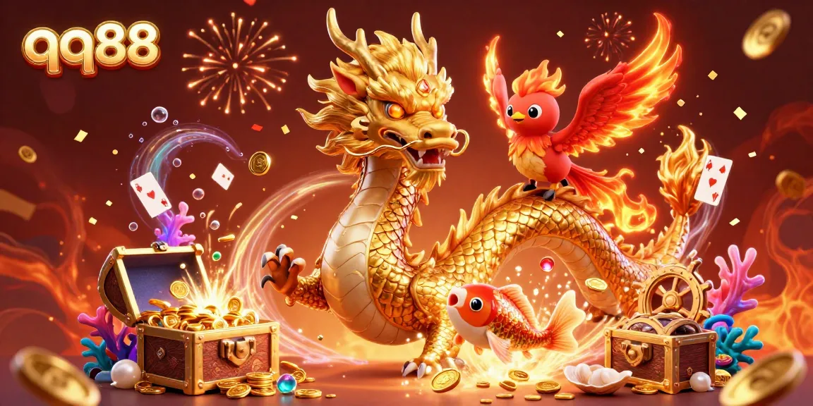 Engage and win with qq88 in this vibrant casino celebration featuring a golden dragon and phoenix.