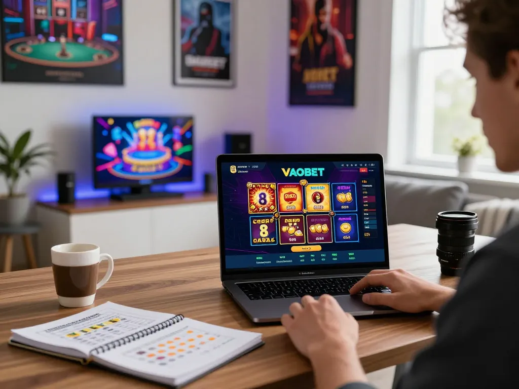 VAOBET gaming experience with a player enjoying sports betting on a laptop in a vibrant home office.