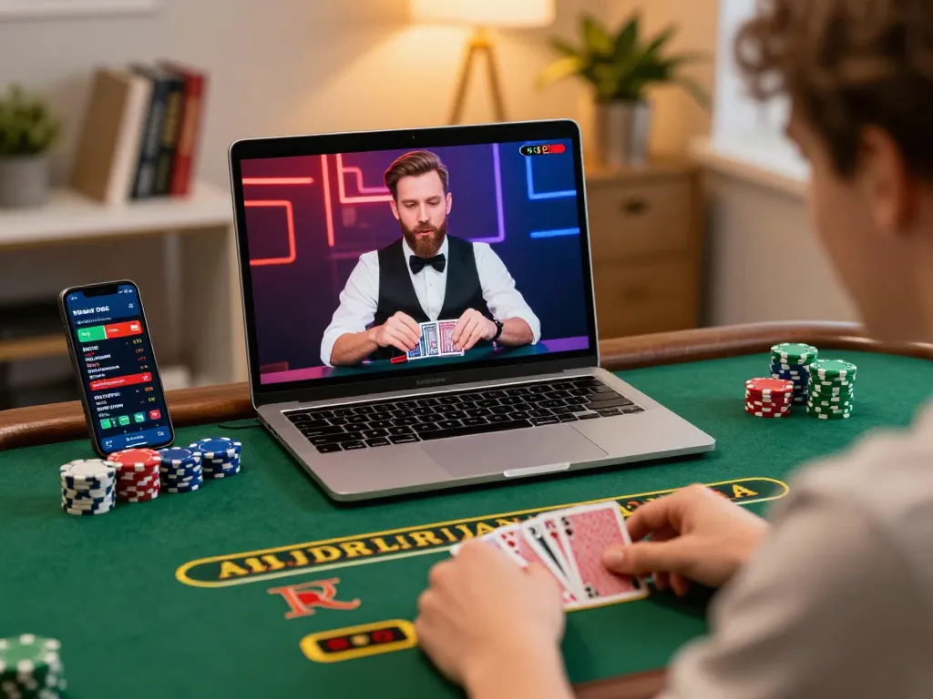 Engaged player in nhà cái vb88 online blackjack game with laptop revealing live dealer action.