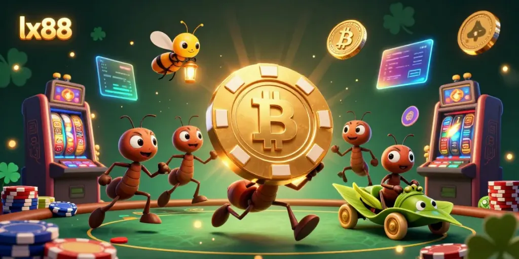 Join the lx88 adventure with ants heisting a giant poker chip in a vibrant casino scene filled with excitement.