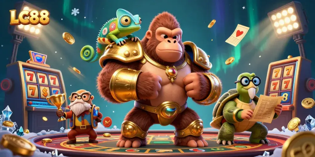 Experience the excitement of LC88 as a powerful gorilla king leads the adventure in a dynamic casino setting.
