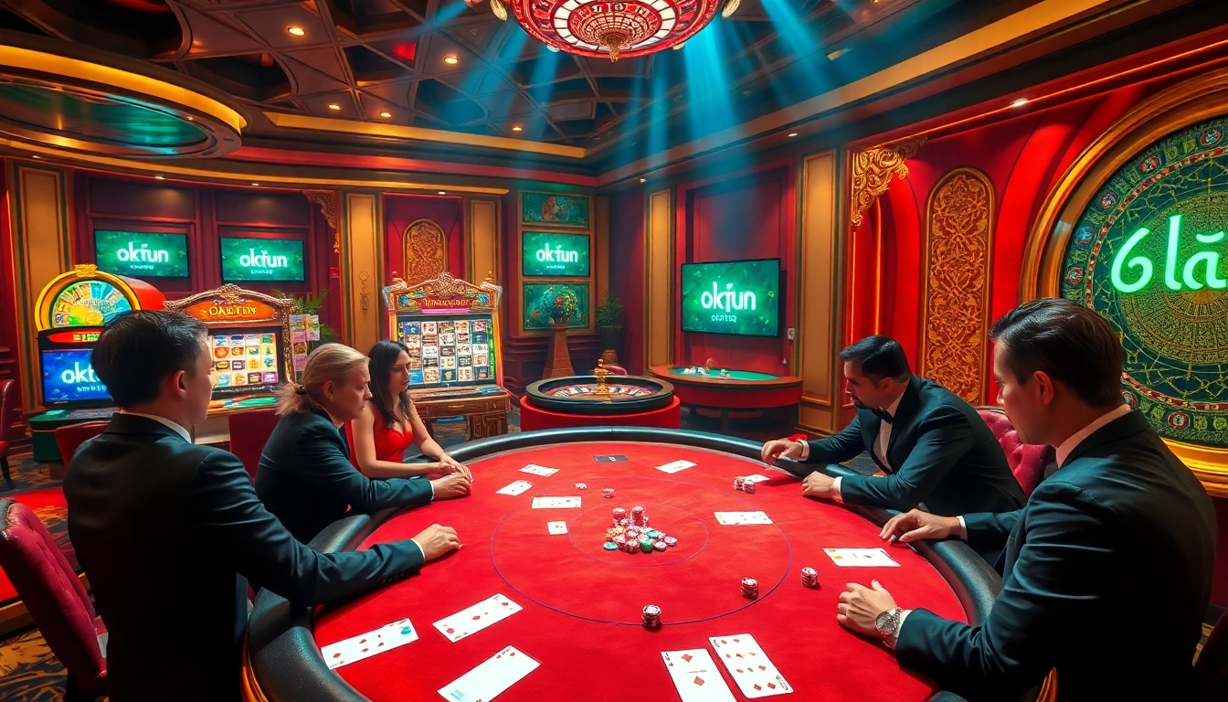 Players enjoying a high-stakes poker game at a luxurious casino setting, highlighting okfun's vibrant atmosphere.