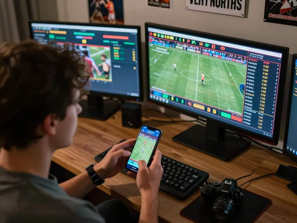 Cá cược Vin88 for professional sports betting at home with multiple screens showing live odds and events.