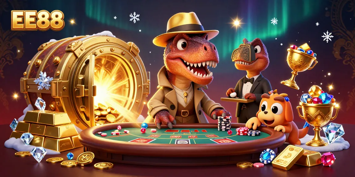 EE88 velociraptor playing cards in a vibrant casino scene filled with gems and treasures