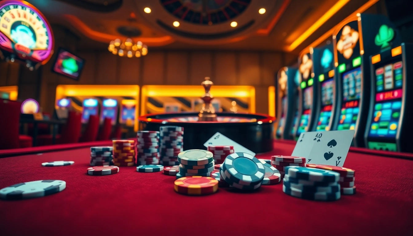 Experience excitement with a dynamic casino scene featuring gambling elements linked to https://bem88.com, showcasing poker chips and roulette.