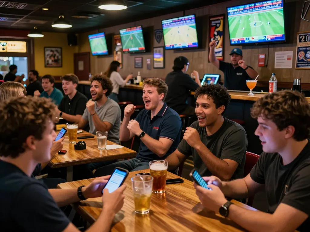 90phut sports betting action with fans cheering at a lively sports bar during game time.