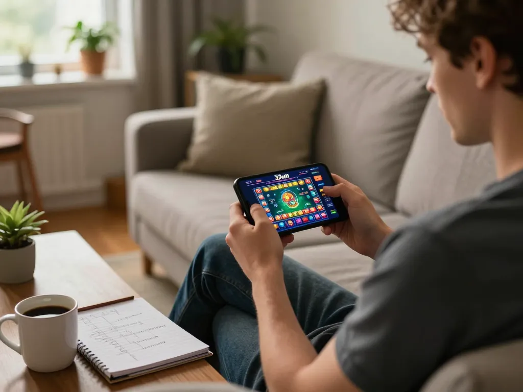 Engaged player exploring 33win casino app on smartphone, capturing the excitement of online gambling.