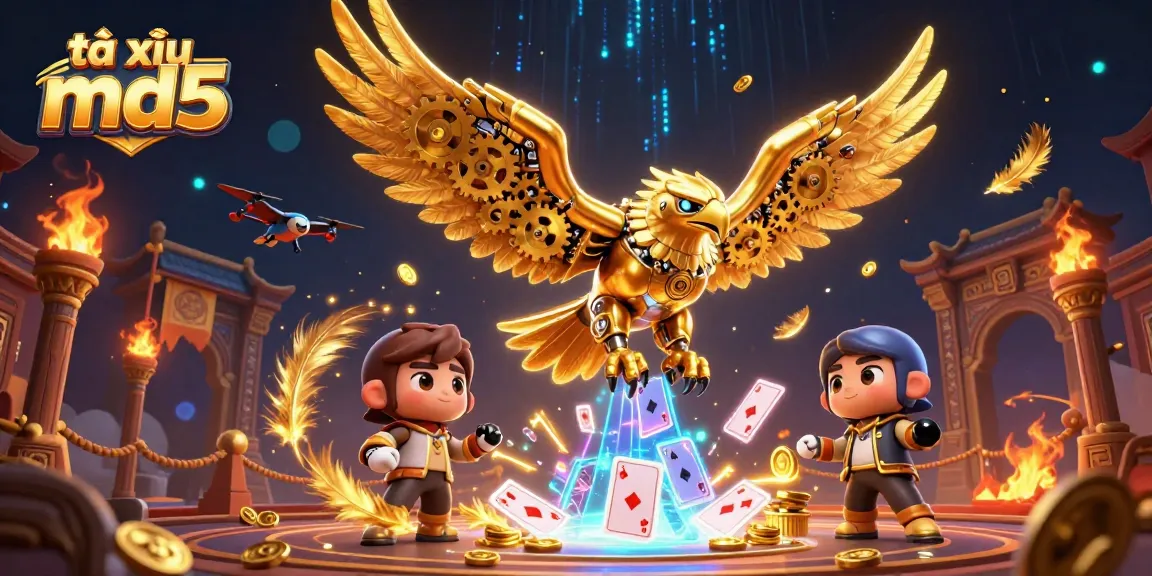 Experience thrilling tài xỉu md5 action with a cybernetic eagle amidst holographic cards.