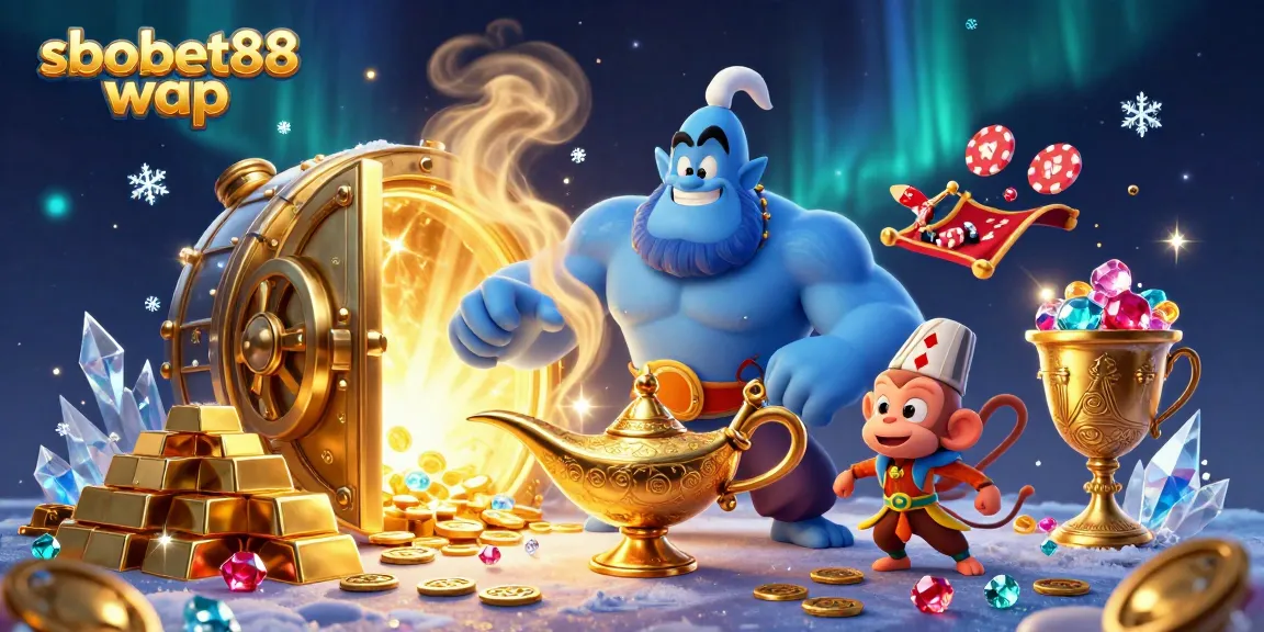 Experience sbobet88 wap with a vibrant 3D illustration of a genie, gold treasures, and a magic carpet.