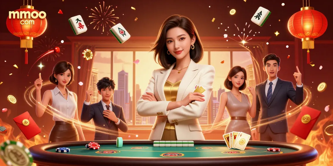 Experience the thrill of games at mmoo com, where an elegant Asian woman exudes winning energy with cards and lively decorations.