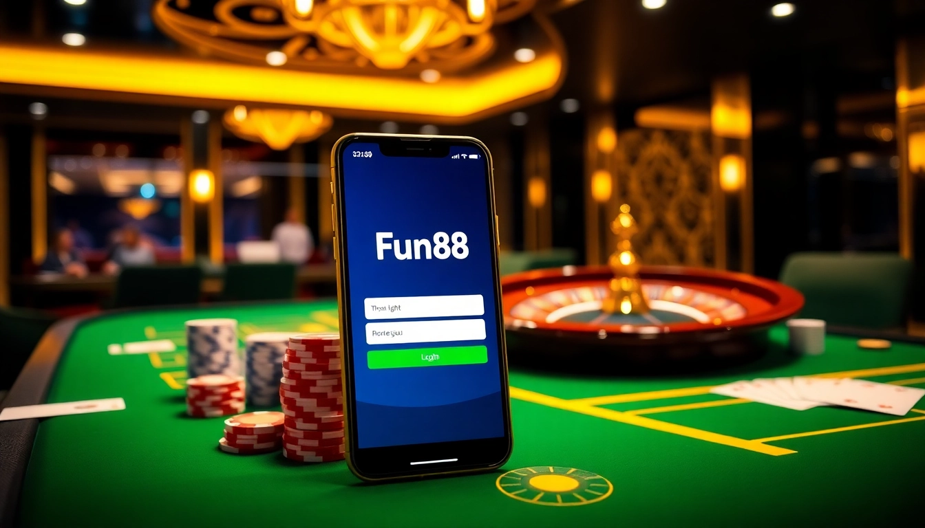 Fun88 login screen on a mobile device with casino elements like chips and cards.