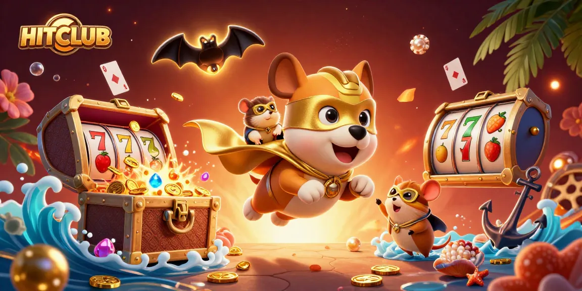 Experience HITCLUB excitement with a dynamic casino scene featuring a superhero dog and treasures.